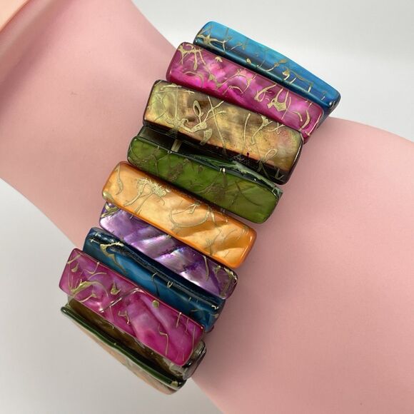 Stunning Multi Color Rainbow Mother Of Pearl Beaded Stretch Bracelet Boho Bold - Picture 2 of 7